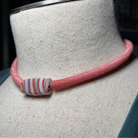 Jewelry - 1970s Ghana Krobo Pink Vinyl Heishi Boho Choker w/ Antique Striped Trade Bead 💖